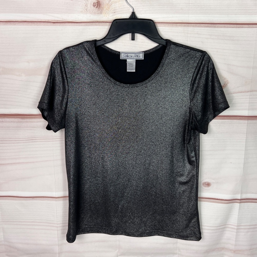 Birch Hill Top Womens Small Black Silver T-Shirt Short Sleeve Round Neck Stretch
